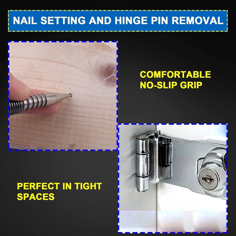 LSTOPGO Store Spring Nail Set,Dual Head Nail Setter with Size Marked,4pcs Hammerless Door Hinge Pin Removal Tool,Striking Force Spring Loaded Nail Punch（1/8-in, 3/32-in, 3/16-in, 1/16-in, 1/32-in, 1/8-in） - Image 5
